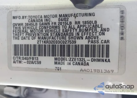 2003 Toyota Matrix Xr из США, поврежденный, VIN 2T1KR32E03C027539